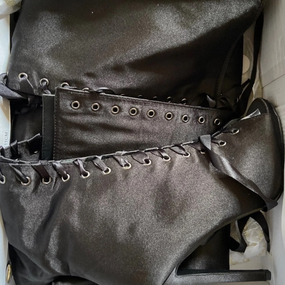 Thigh high satin lace up boots